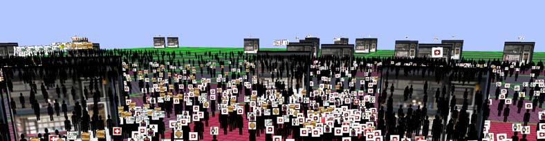 Figure 1. Our simulated world with 25,000 agents at interactive frame-rate (30FPS). Individuals and goals (e.g. shops) are rendered as textured 2d quads.