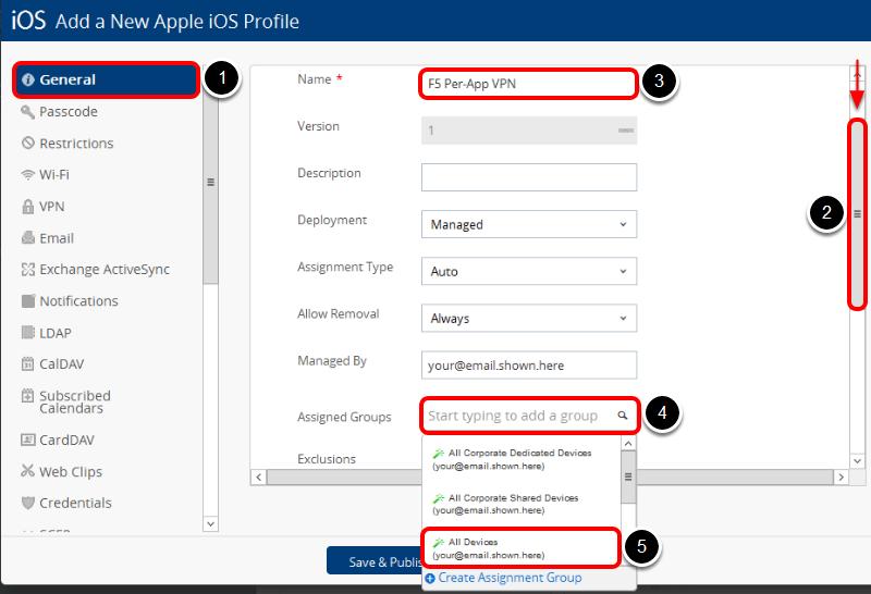Click Apple ios. Configure the General Properties of the Profile 1. Select General. 2.
