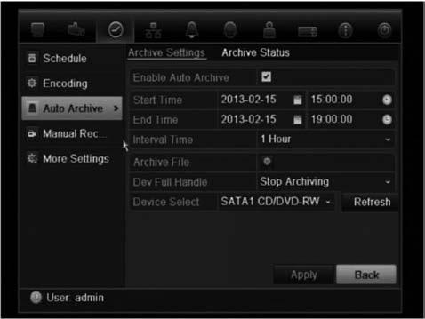 Chapter 8: Archiving recorded files Auto archiving You can schedule the DVR to automatically archive recordings at set interval times to an external storage device.