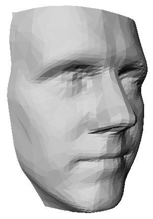 Figure 13: Surface reconstruction of a face data set. Top row: original mesh T 3 shaded (left) and as wireframe (center), most isometric parametrization T 2 (right).
