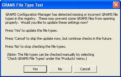 8. The GRAMS Configuration Manager now checks the registry to verify that the GRAMS Suite file types are properly registered.