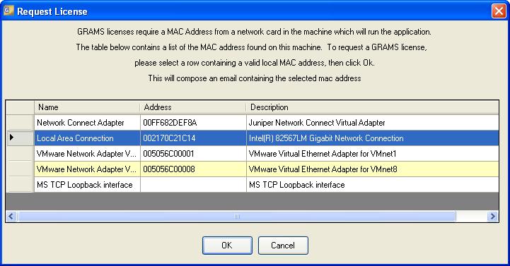 The Request License dialog appears: Figure 7. Request License dialog This dialog shows a list of valid MAC addresses on the current PC. 3. Select a row that contains a valid MAC address.
