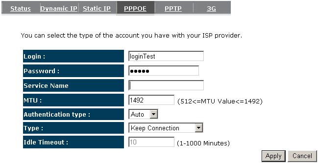 - Point-to-Point over Ethernet Protocol (PPPoE) Login / Password: Enter the PPPoE username and password assigned by your ISP Provider. Service Name: This is normally optional.