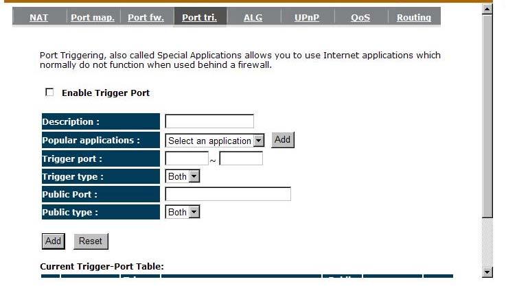 - Port Triggering (Special Applications) Some applications require multiple connections, such as Internet games, video Conferencing, Internet telephony and others.