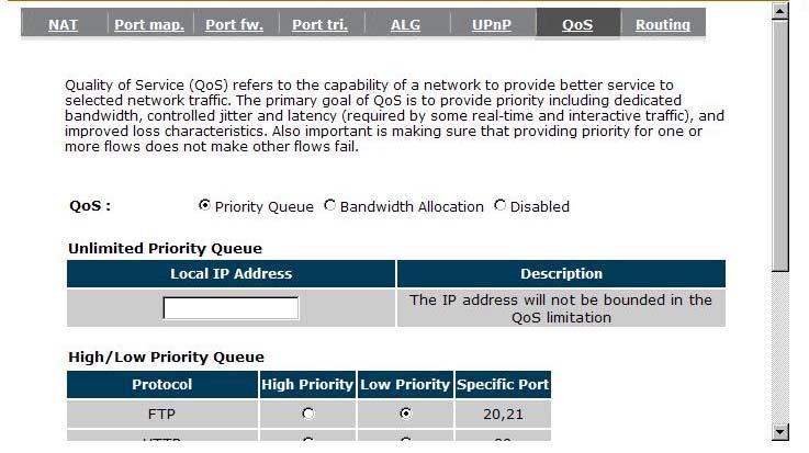 - Quality of Service (QoS) QoS can let you classify Internet application traffic by source/destination IP address and port number.