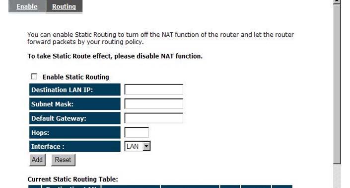 - Routing You can set enable Static Routing to let the router forward packets by your routing policy. Destination LAN IP: Specify the destination LAN IP address of static routing rule.