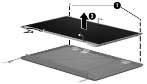 16. If it is necessary to replace the display panel, remove the two Phillips PM2.0x7.0 screws 1 that secure the display panel to the display enclosure. 17.