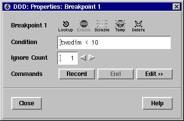 Editing Breakpoint Properties You can change all properties of a breakpoint by pressing mouse button 3 on the breakpoint symbol and select Properties from the breakpoint popup menu.