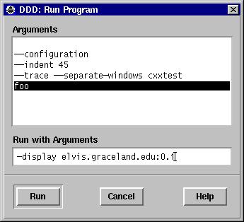 button on the command tool. You may also enter run, followed by arguments at the debugger prompt instead.