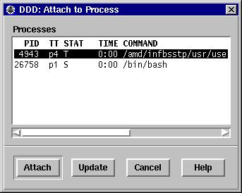 Selected process ps output Click to attach Selecting a Process to Attach You can customize the list of processes shown by defining an alternate command to list processes.