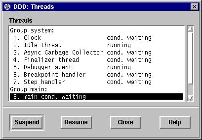 Click on group to toggle view Current thread Change thread properties Selecting Threads To view all currently active threads in your program, select Status Threads. The current thread is highlighted.