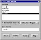 Default session Saved sessions Set to save Program Data Click to save Saving a Session If a core file is not to be included in the session, DDD data displays are saved as deferred; that is, they will