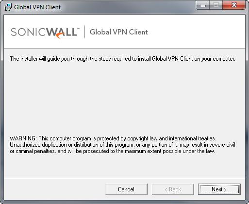 Installing the Global VPN Client 2 Installing the Global VPN Client on page 5 Upgrading Global VPN Client from a previous version on page 8 Installing the Global VPN Client The SonicWall Global VPN