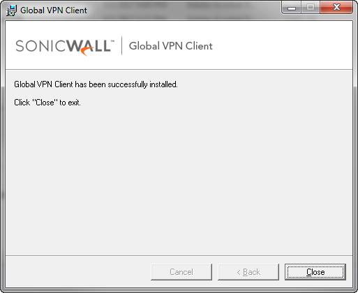 11 Wait while the SonicWall Global VPN Client files are installed on your computer. When the installation is complete, the Global VPN Client has been successfully installed page displays.