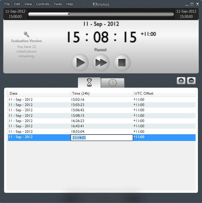 Pause Points: As well as allowing you to manually pause a replay operation using the Pause button, Khronos allows you to define a list of scheduled Pause Points, whereby it will automatically pause