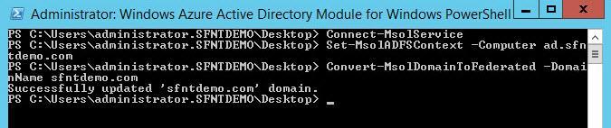 5. At the command prompt, perform the following steps: a. Type Set-MsolADFSContext Computer <AD FS machine name>, and then press Enter. b.