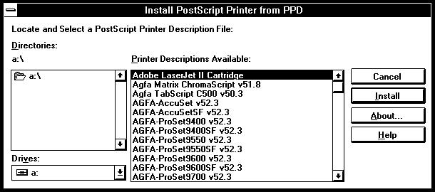 To install a PostScript printer from a PPD: 1 Insert the diskette that contains the PPD to be installed in a floppy diskette drive.