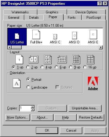 HP DesignJet Printing Guide HP DesignJet Driver Information for Windows 95 40 SETTING UP THE DRIVER The printer s property pages are displayed automatically at the end of the installation procedure.