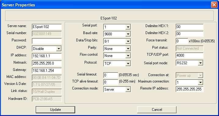 6 Server Properties There are four ways to access the Server Properties and program the Eport-10x: Manager software, Console mode, Telnet or Web Server.