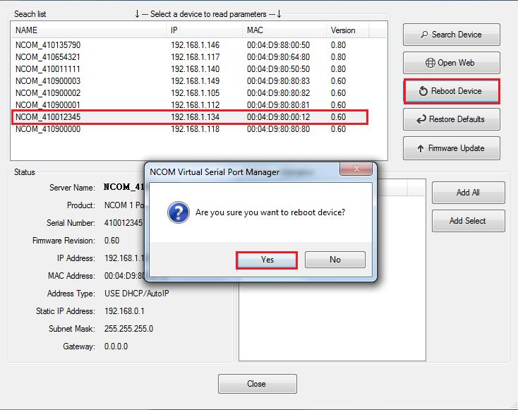 8.6.5 Rebooting NCOM Devices The Reboot Device button reboots/resets your NCOM device.