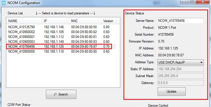 8.7.2 Device Status The Device Status section indicates the following information: Server Name, Product, Serial Number, Firmware Revision, IP Address, MAC Address, Address Type, Static IP Address,