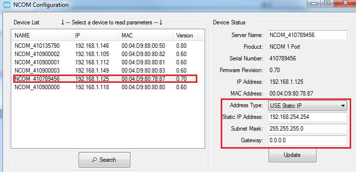 NCOM-113 serial device server is configured with a default private IP address (static IP address): 192.168.254.