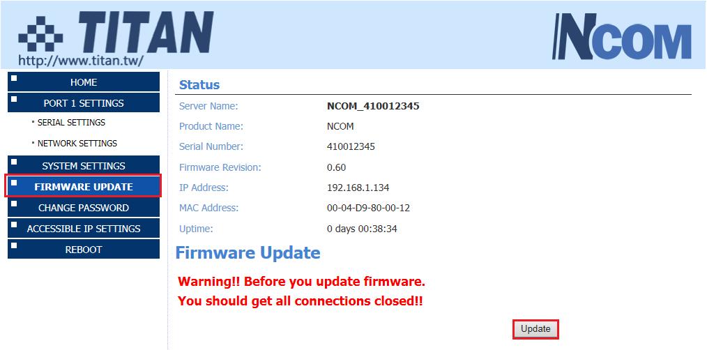 8.7.4.5 Firmware Update Tool The Firmware Update button opens the firmware update tool to upgrade NCOM- 113 firmware contents via Ethernet port.