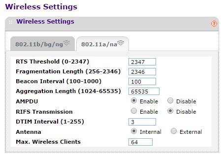 6. To configure the advanced wireless settings for the 5 GHz band, select Configuration > Wireless > Advanced > Wireless Settings > 802.11a/na. 7.