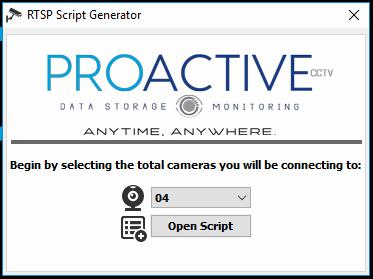 8. RTSP Config Tool A. Launch the RTSP Config Tool B. Select how many cameras you will be connecting to in the drop down, select Open Script. C. Start by selecting a camera in the drop down to edit Force Camera Resolution To - will set the desired resolution of that specific camera.
