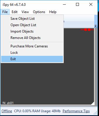 Troubleshooting failed connections: If camera(s) fail to connect, exit the ispy software entirely.