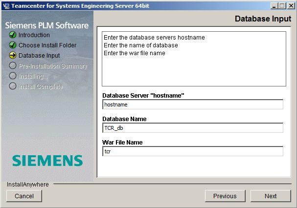 Upgrading the Installation 4. In the Database Input screen, enter the name of the database server s host name and the name of the database. The installer defaults to the local host name and TCR_db.