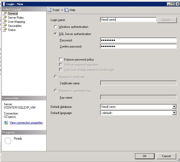 2. Create a database user for this database, for example username ViewEvents, password view2011.