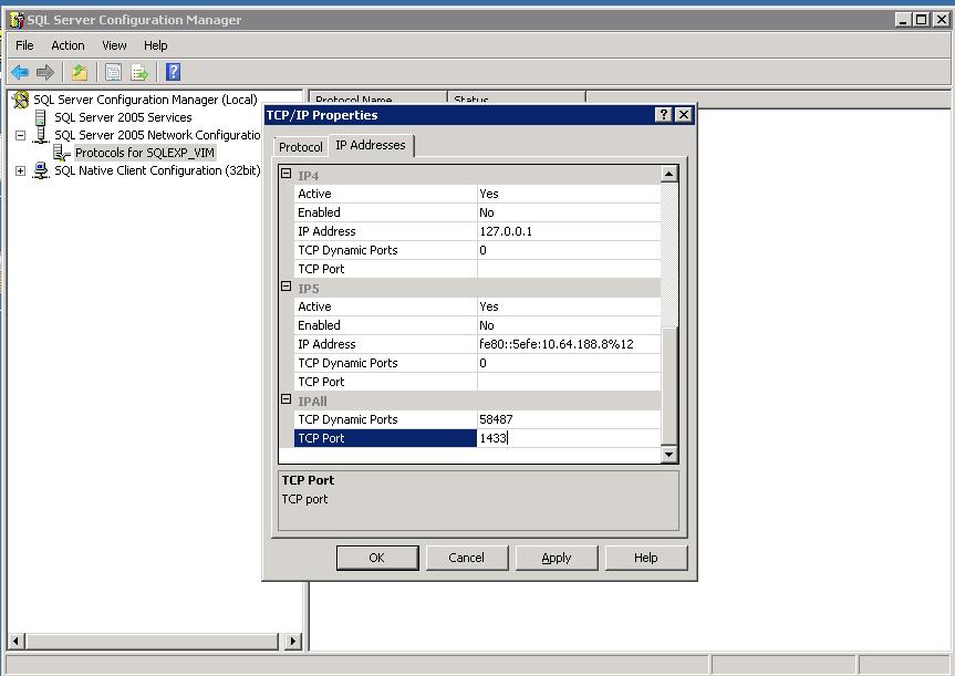 4. Make sure that the SQL Server TCP/IP port is correctly configured using the SQL