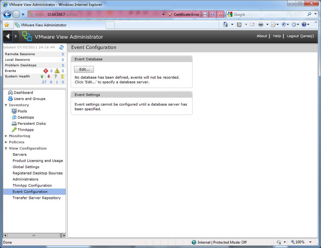 5. Go back to the VMware View administration web GUI.