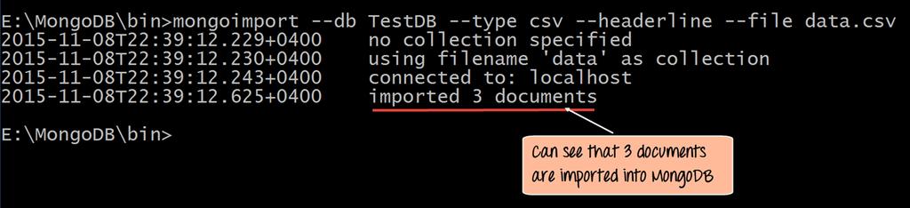 Code Explanation: 1. We are specifying the db option to say which database the data should be imported to 2. The type option is to specify that we are importing a csv file 3.