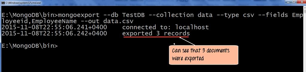 Code Explanation: 1. We are specifying the db option to say which database the data should be exported from. 2. We are specifying the collection option to say which collection to use 3.