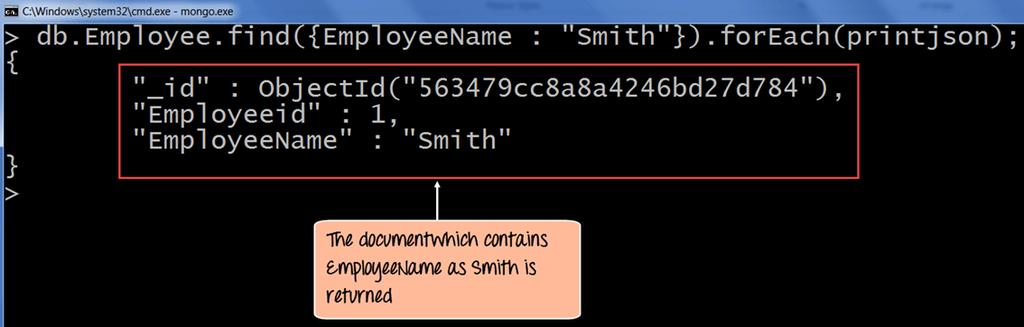 The output shows that only the document which contains "Smith" as the Employee Name is returned. Now, let's take a look at another code example which makes use of the greater than search criteria.