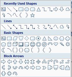 Microsoft Office Word 2010 Level 2 29 There are a variety of shapes to choose from depending on what you require Some have a little yellow diamond which when dragged will reshape Draw Shapes Topic