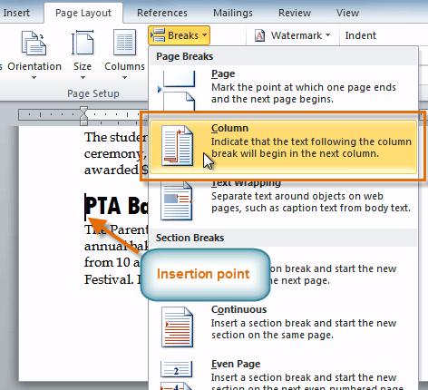 Adding column breaks Once you've created columns, the text will automatically flow from one column to the next. Sometimes, though, you might want to control exactly where each column begins.