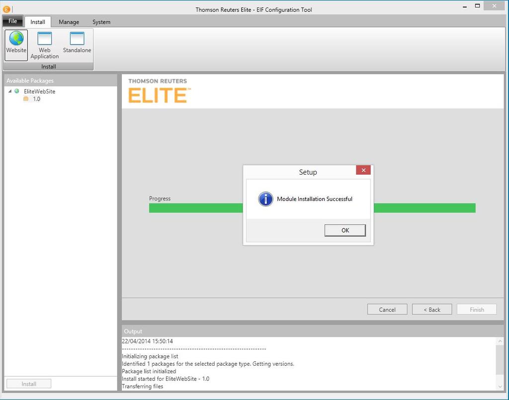 INSTALL AND SET UP THE ELITE WEBSITE PACKAGE After the package installation is finished, a Success message is displayed and
