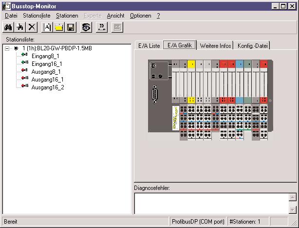 Software busstop Monitor - monitoring / commisioning software for PROFIBUS-DP Overview Monitoring/Introduction software for PROFIBUS-DP Graphic representation of stations Error diagnostics