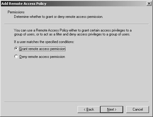 Configuring the RADIUS server (Microsoft) 39 8 In the Permissions window, enable the Grant Remote Access Permission