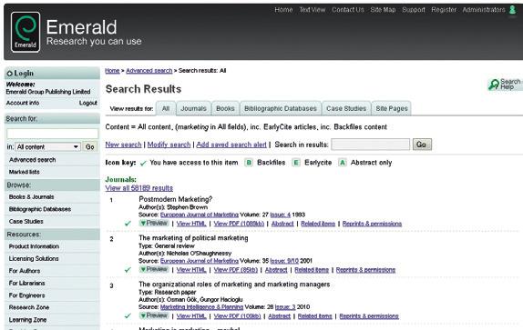 Search results Search results are organised by content type: Journals Books Bibliographic databases Case Studies Site pages From your results page you can carry out a new search, modify your search