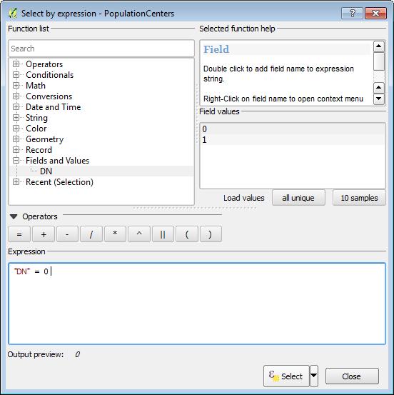 Figure 9: Select by Expression 11.Now that the records with a value of zero are selected, and the layer is in edit mode, click the Delete selected features (DEL) button.
