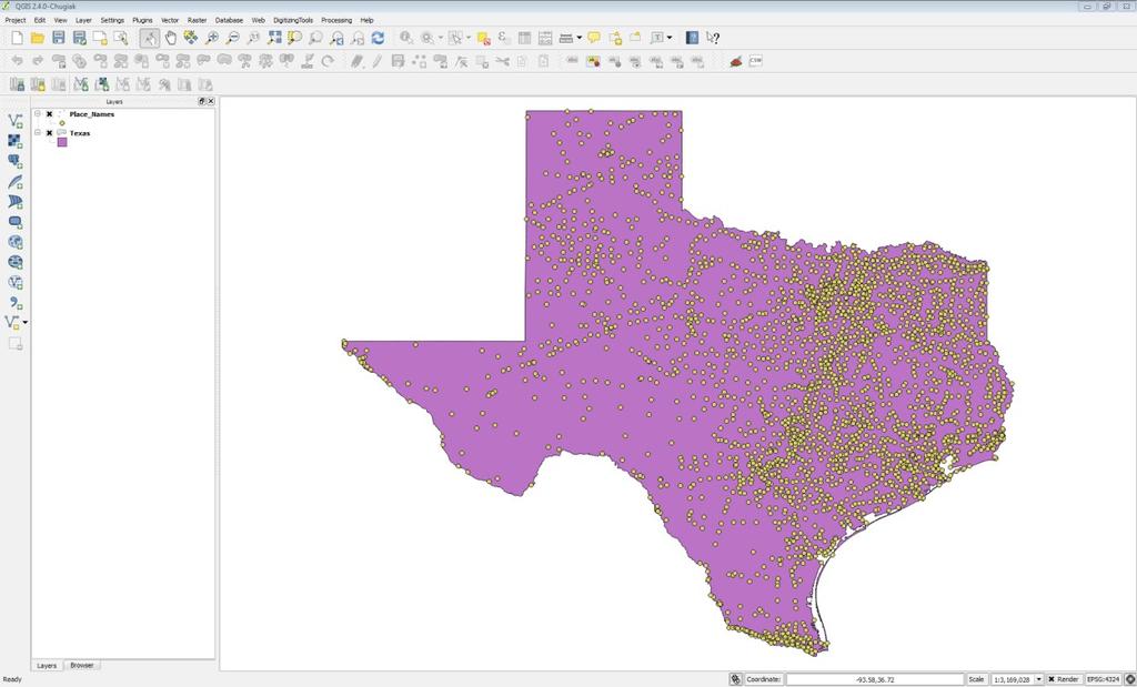 3. Use the Add vector data button to add the Texas.shp and Place_names.shp from the Lab 8/Data folder (Figure 1). Figure 1: Texas State Boundary and Place Names in QGIS Desktop 4.