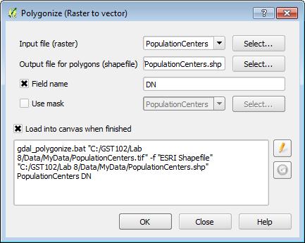 Figure 8: Raster to Vector Conversion Parameters 7. When the processing is complete, make sure the new polygon layer is above the raster layer in the Table of Contents so that it is visible.