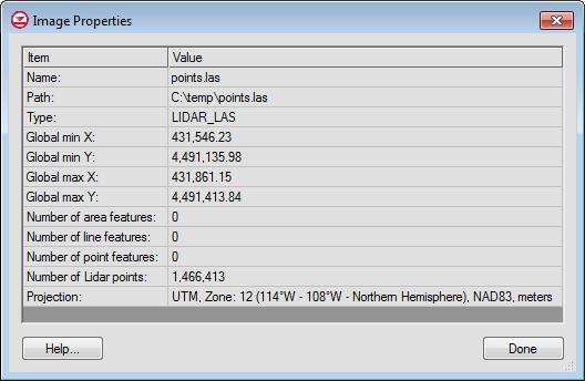 3 Viewing the Lidar Properties Raster properties can be viewed and changed in the Image Properties dialog. 1. In the Project Explorer, double-click on points.