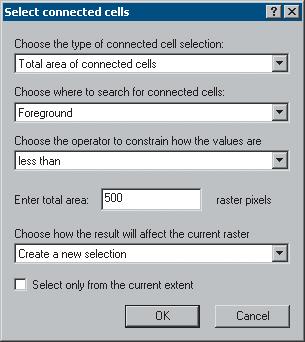 When the display refreshes, you should see the edit area 3 In the Select connected cells dialog box, enter a value of 500 for the total area of raster pixels This