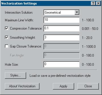 You will now modify the vectorization settings to ensure optimal results when generating features 2 Change the Maximum Line Width value to 0 3 Change the Compression Tolerance value to 0 4 Click