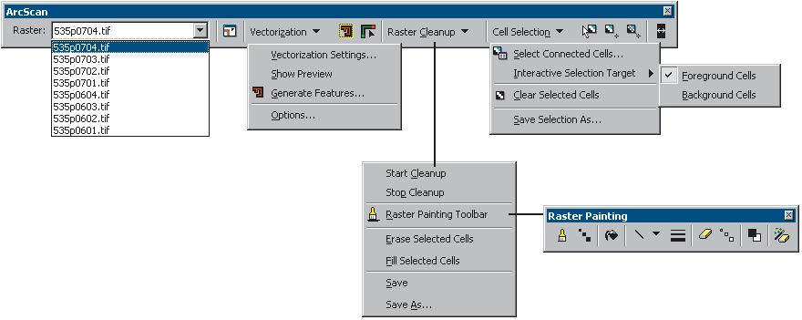 The ArcScan toolbar Raster target layer list: Sets the raster layer for selection, cleanup, and vectorization operations.